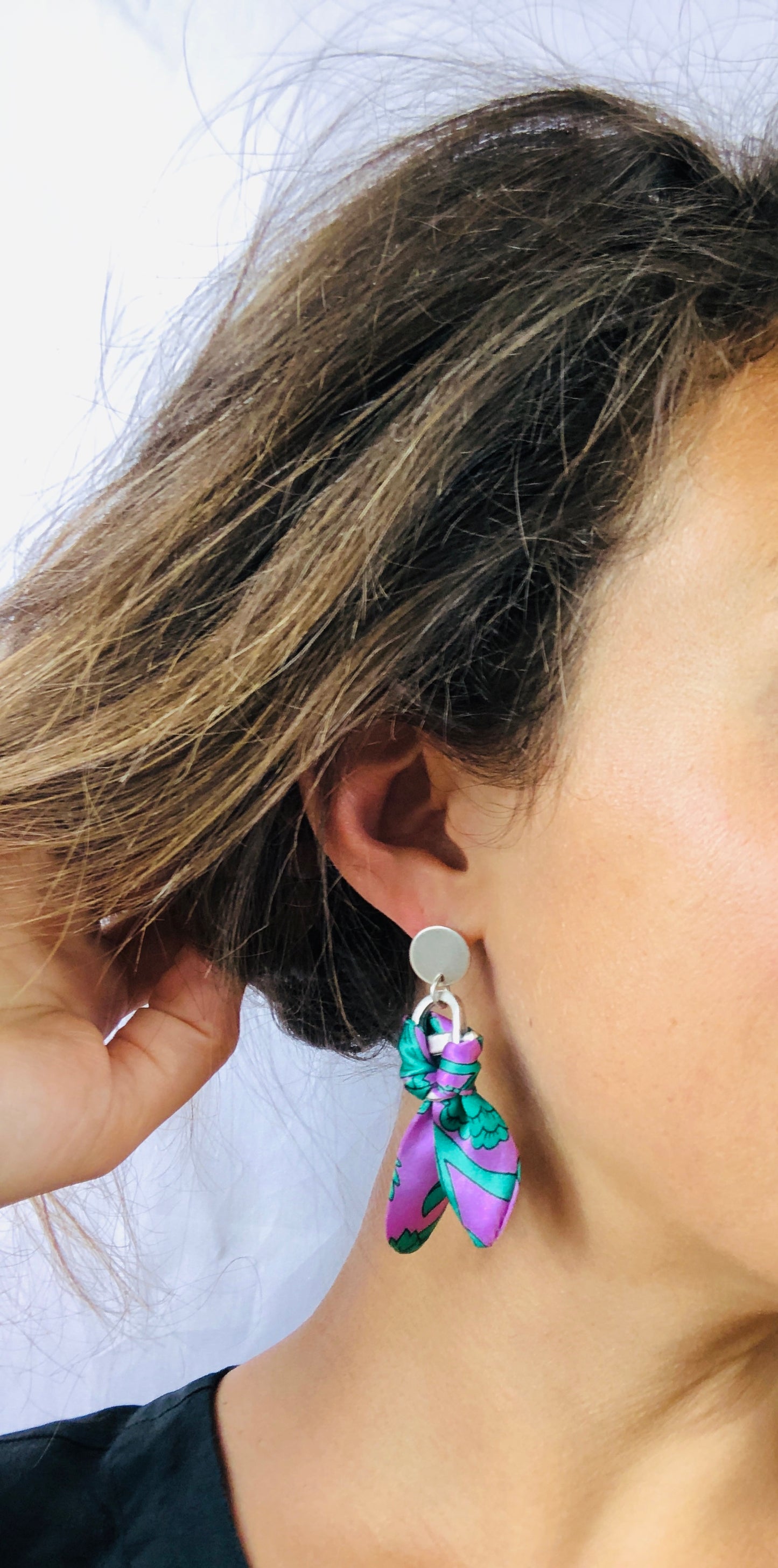 Silver Plated Charm Silk Earrings | Liberty Print | Purple Turquoise