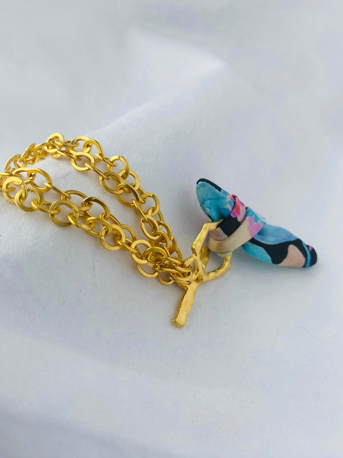 Gold Elegant Bracelet | Silk Jewellery | Floral Blue Liberty Print