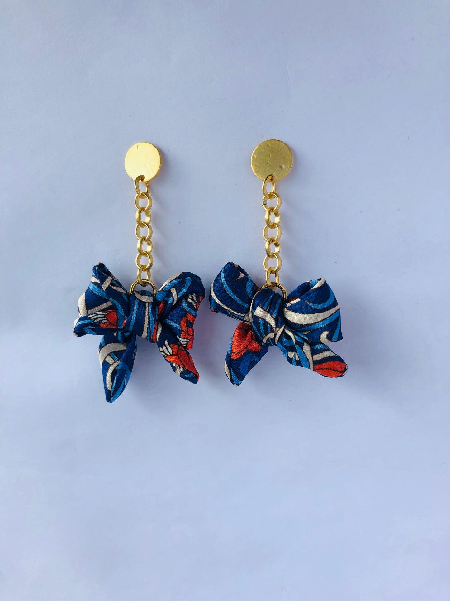 Bow Earrings | Silk Jewellery | Liberty Print | Orange and Blue