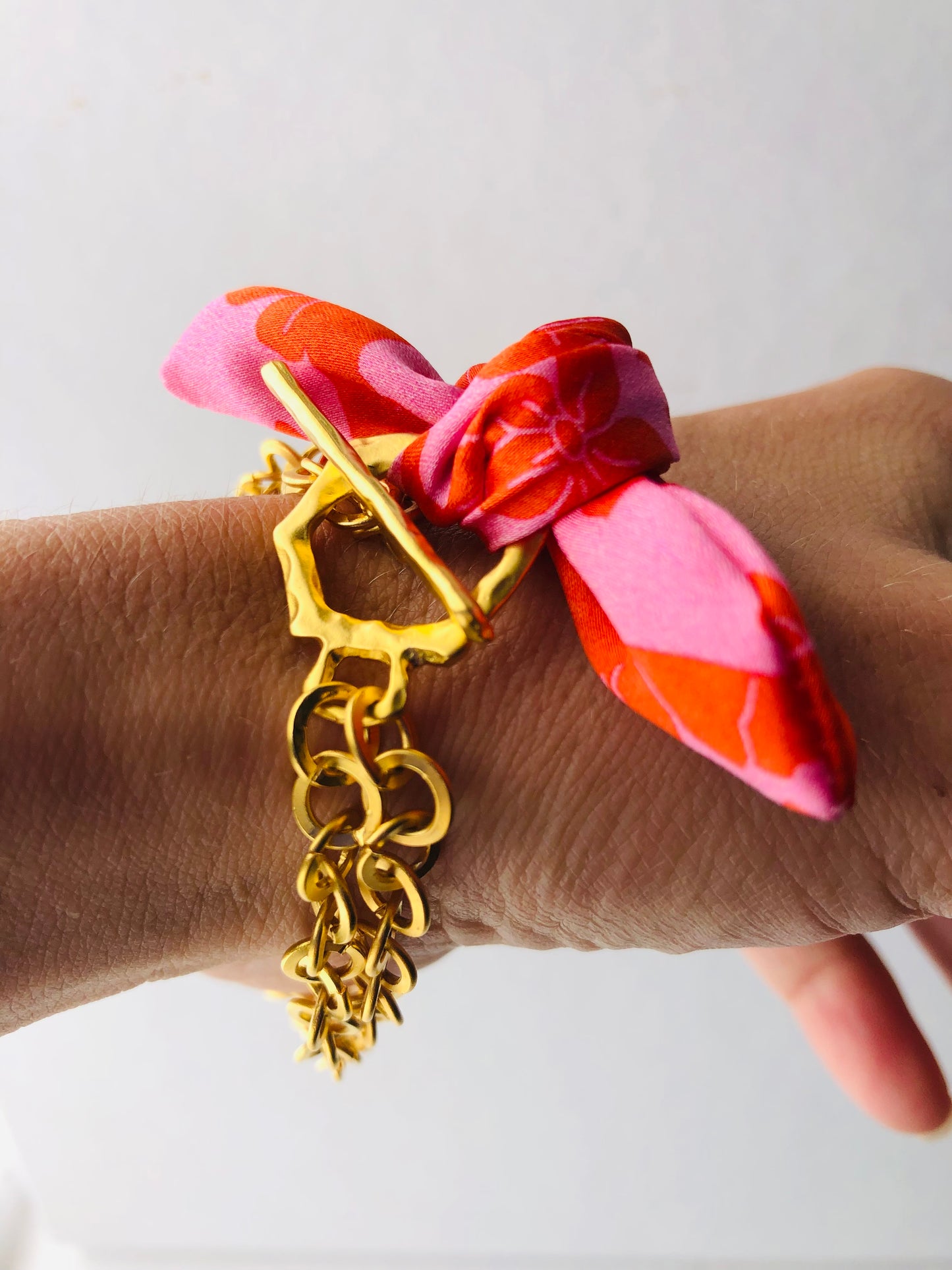 Gold Elegant Bracelet | Silk | Liberty Print Pink and Red