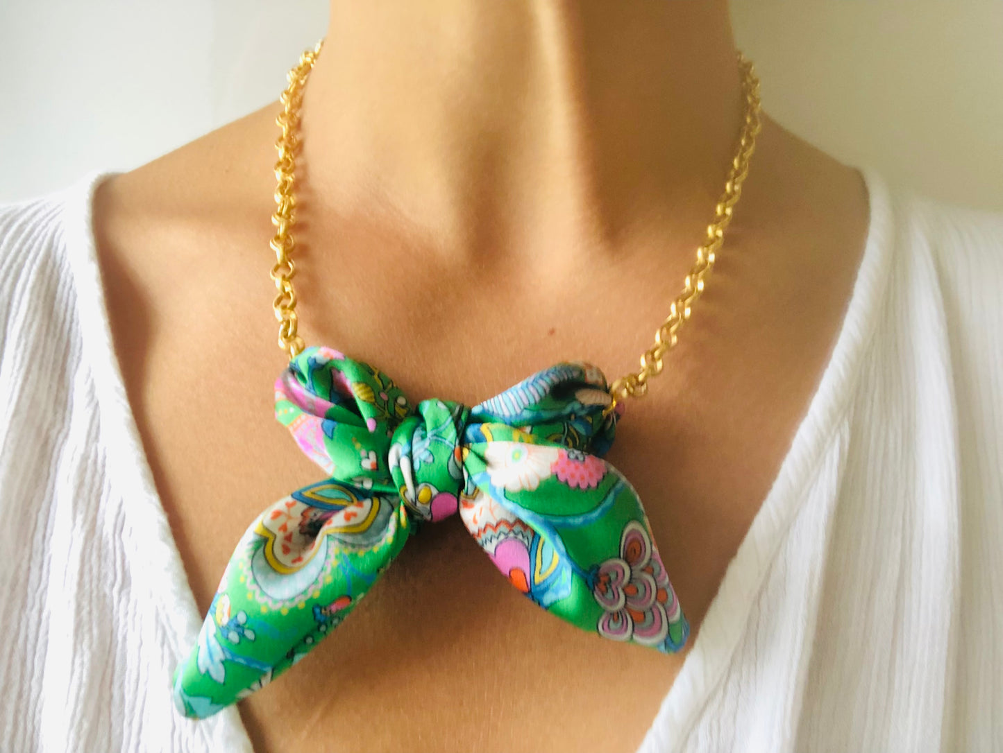 Bow Necklace | Bold Jewellery | Libert Print Silk | Green