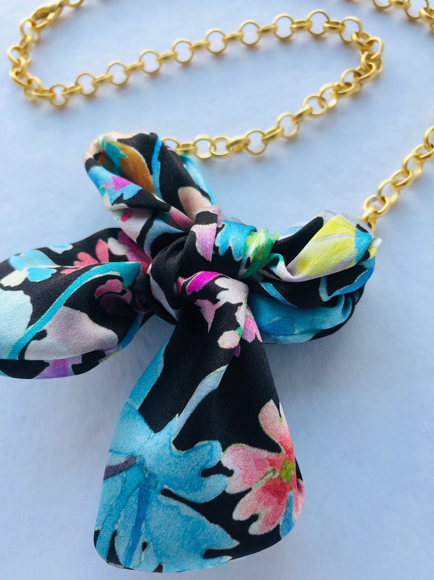 Bow Necklace | Silk Jewellery | Blue Floral Liberty Print