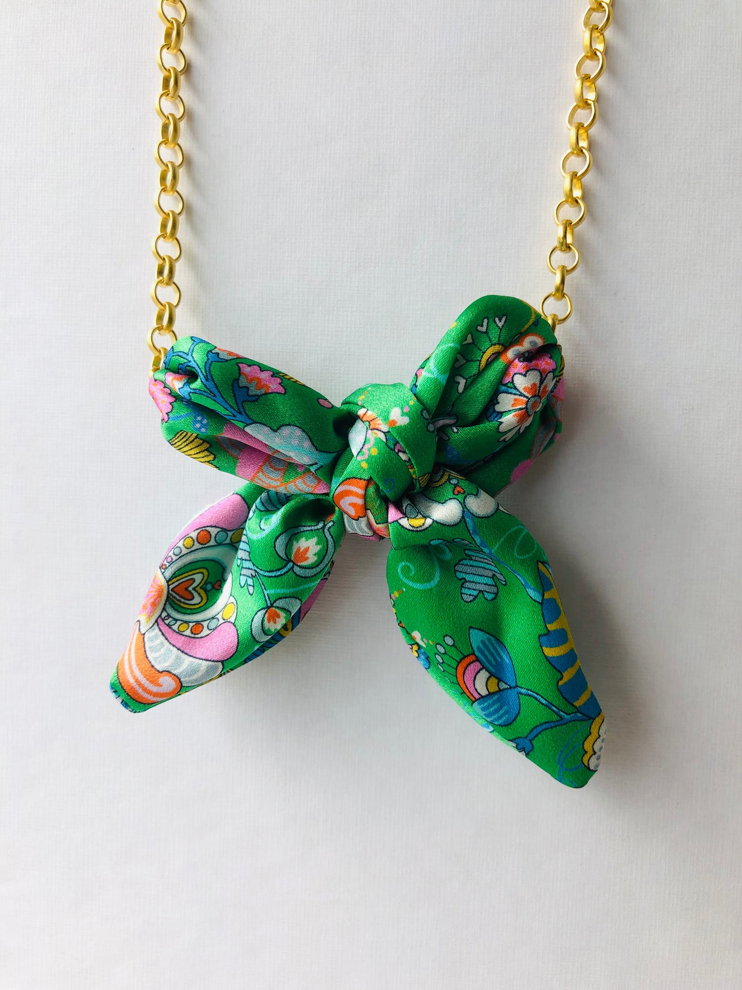 Bow Necklace | Bold Jewellery | Libert Print Silk | Green