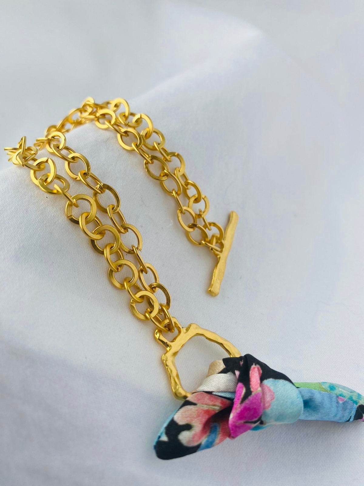 Gold Elegant Bracelet | Silk Jewellery | Floral Blue Liberty Print