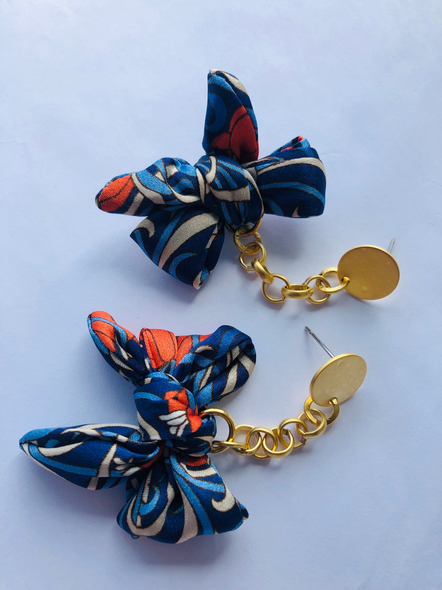 Bow Earrings | Silk Jewellery | Liberty Print | Orange and Blue