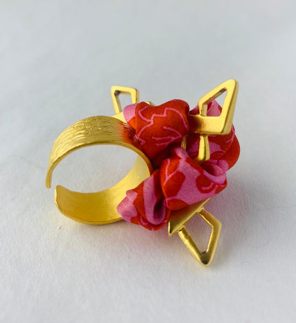 Gold Statement Ring | Liberty Print Jewellery | Silk | Pink and Red