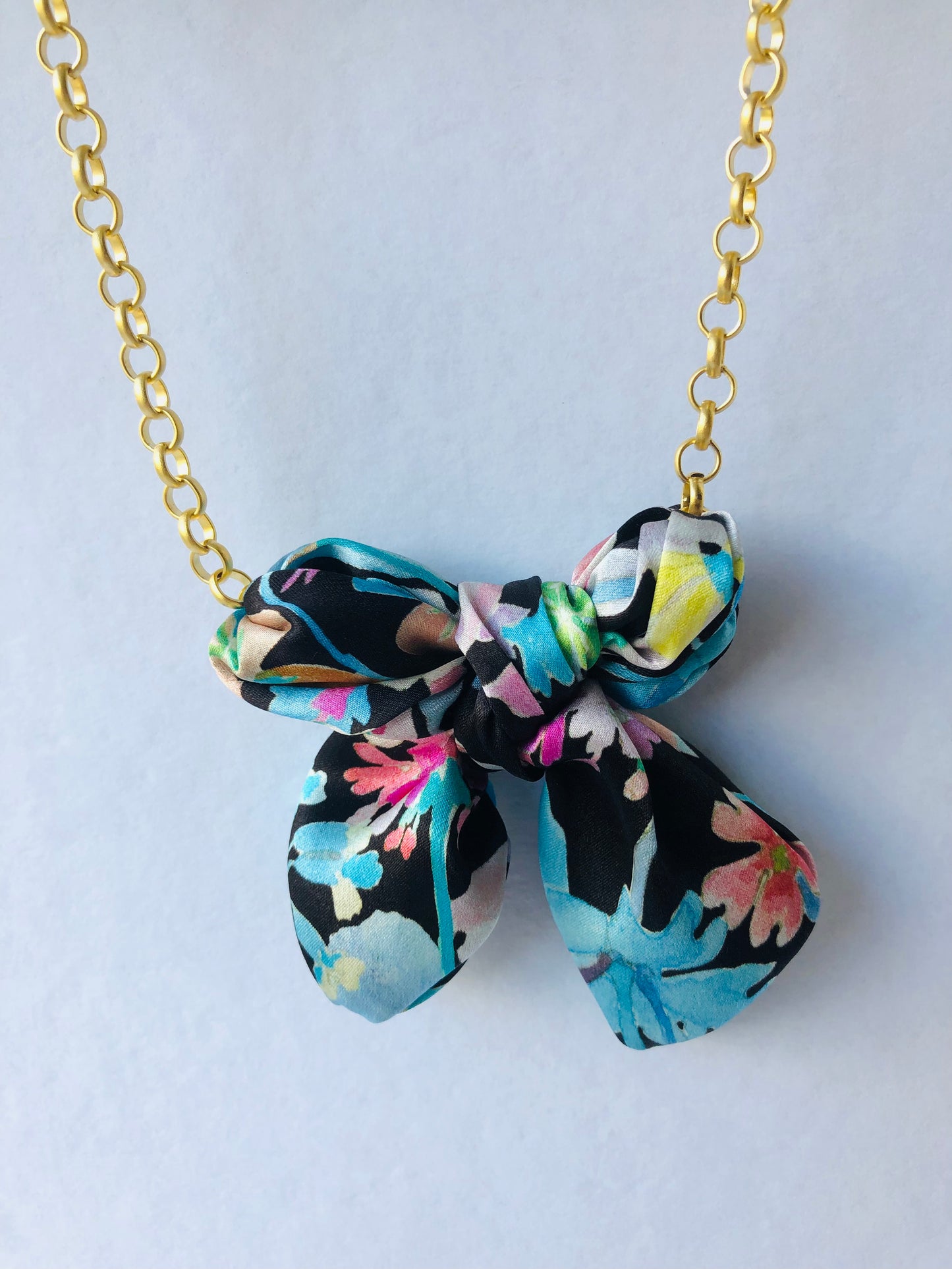 Bow Necklace | Silk Jewellery | Blue Floral Liberty Print