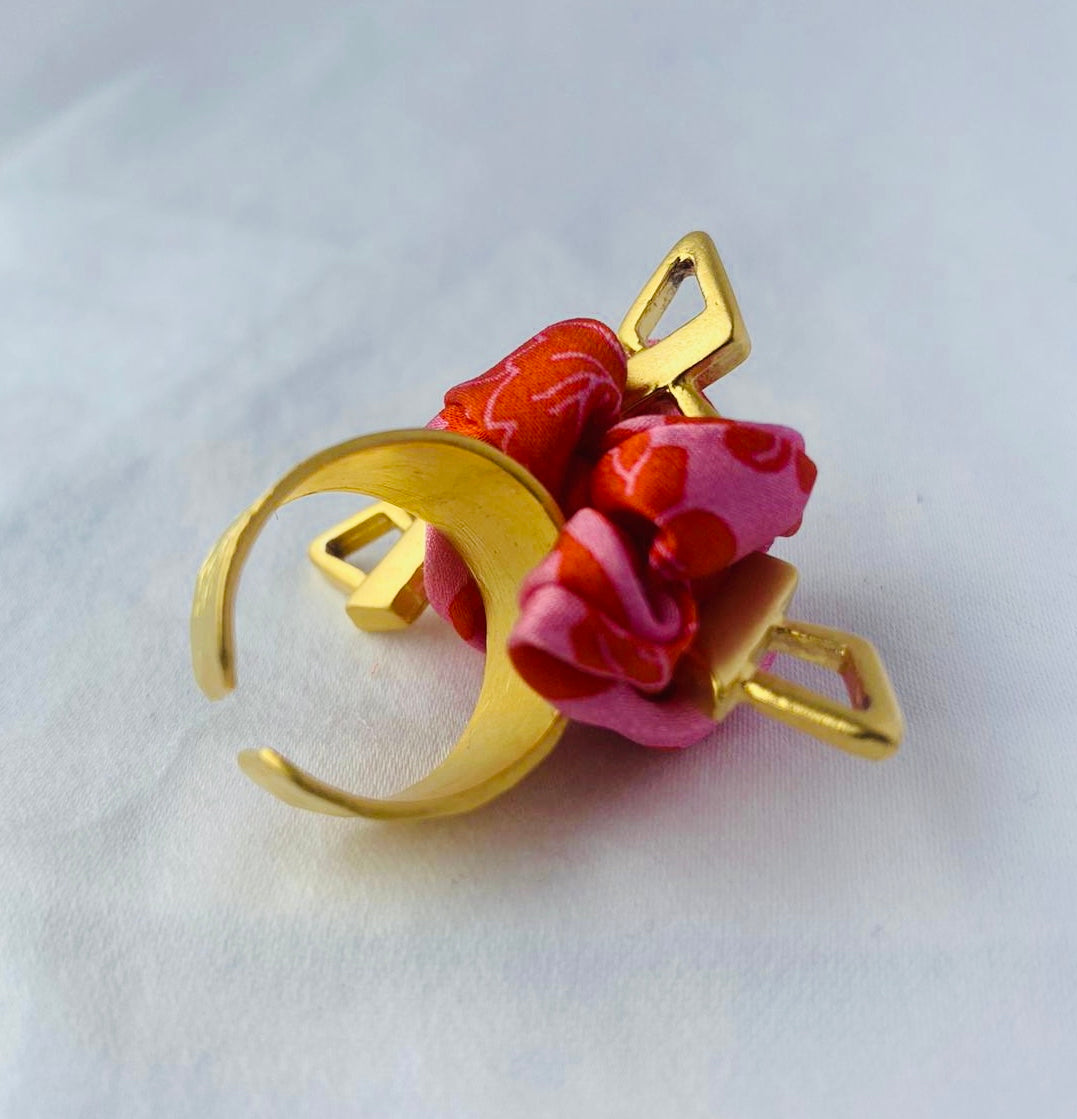 Gold Statement Ring | Liberty Print Jewellery | Silk | Pink and Red