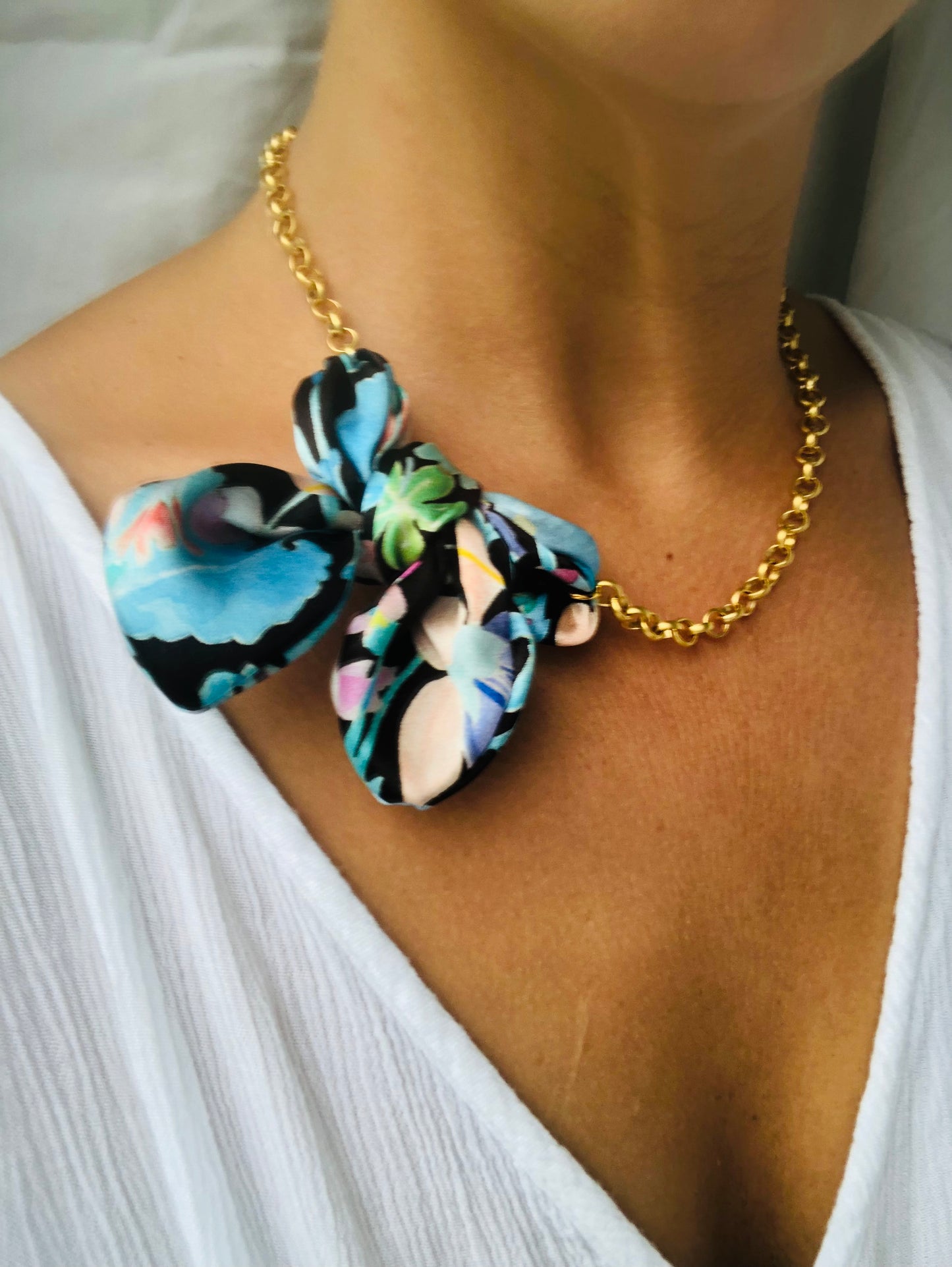 Bow Necklace | Silk Jewellery | Blue Floral Liberty Print