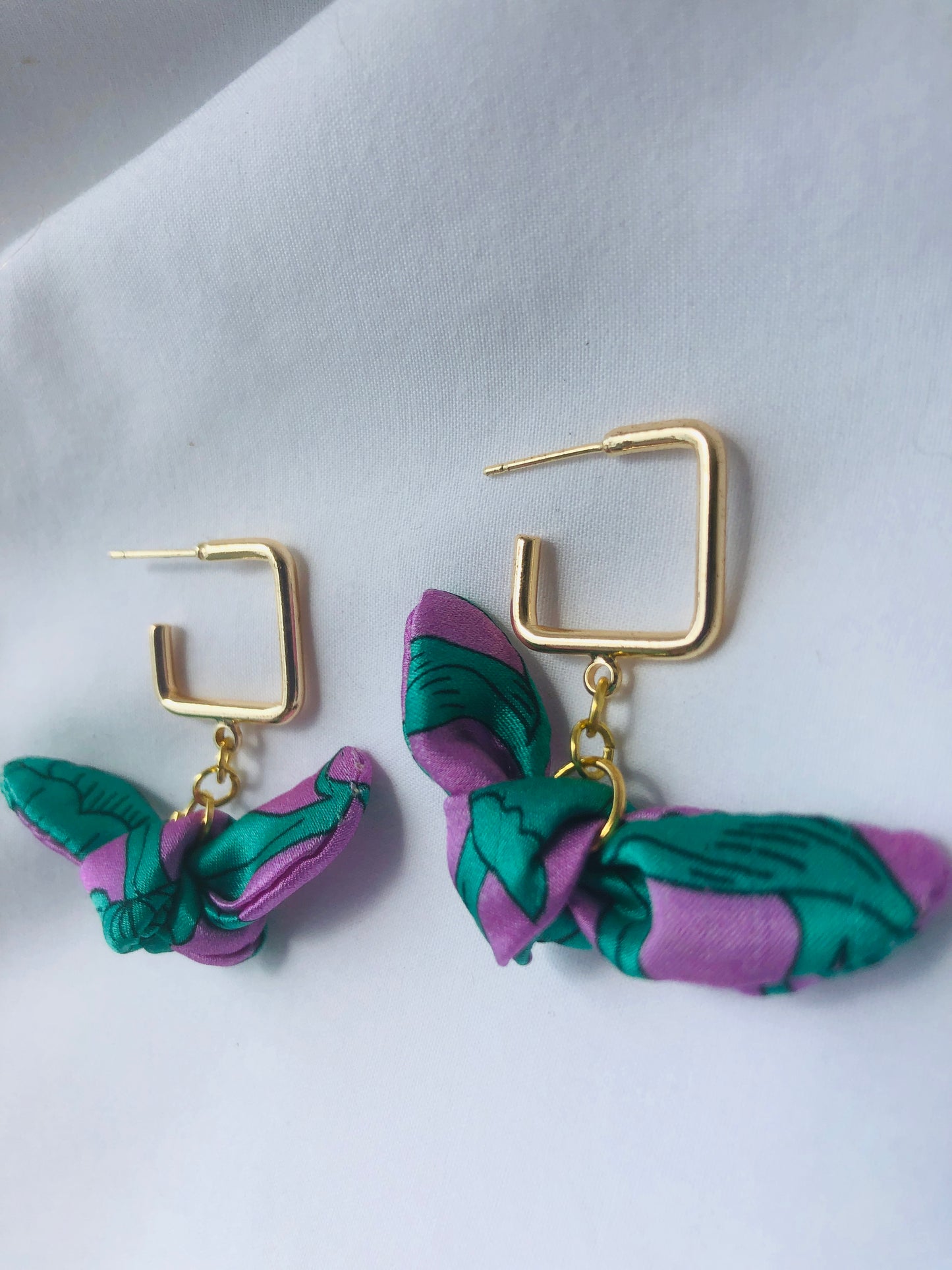Square Hoop Silk Earrings | Liberty Print | Purple Turquoise