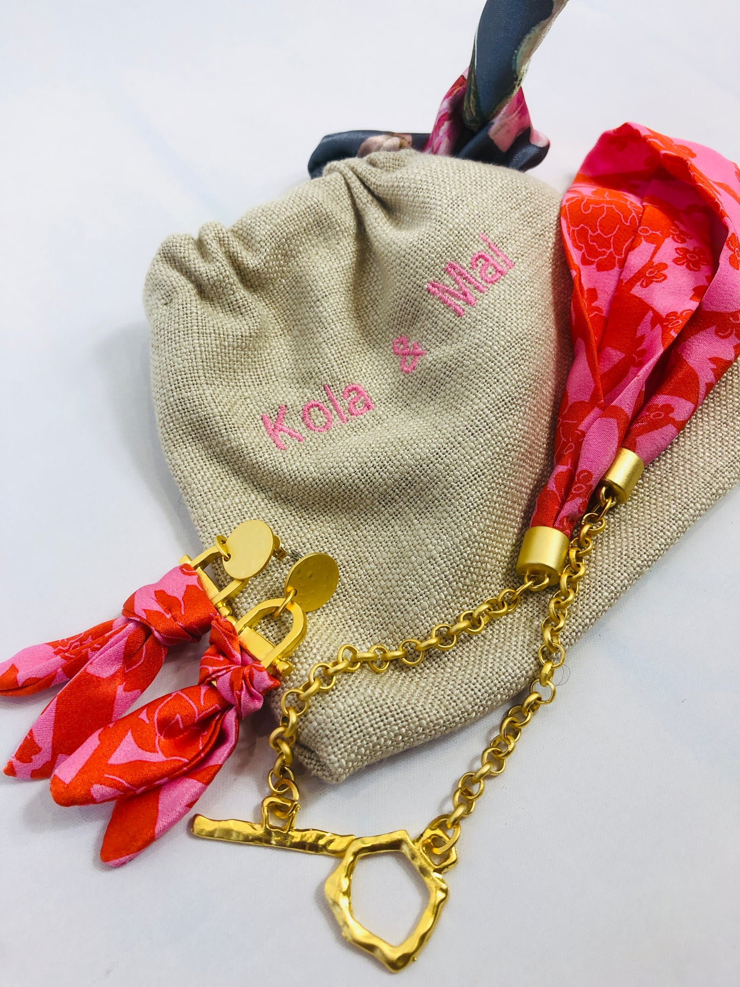 Silk Necklace and Earring Gift Set | Liberty Print | Pink and Red