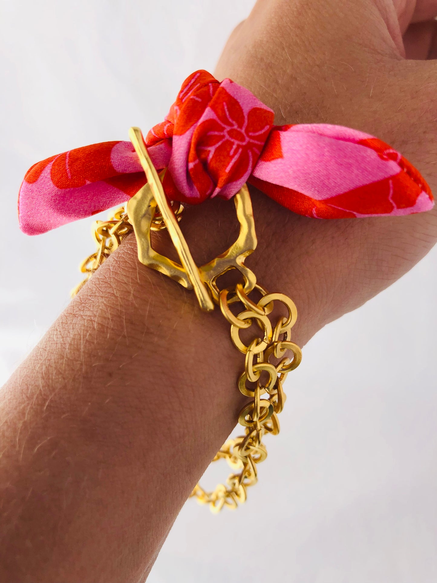 Gold Elegant Bracelet | Silk | Liberty Print Pink and Red