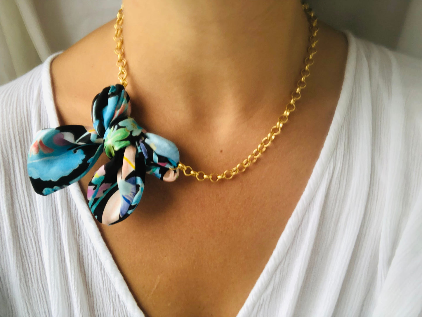 Bow Necklace | Silk Jewellery | Blue Floral Liberty Print