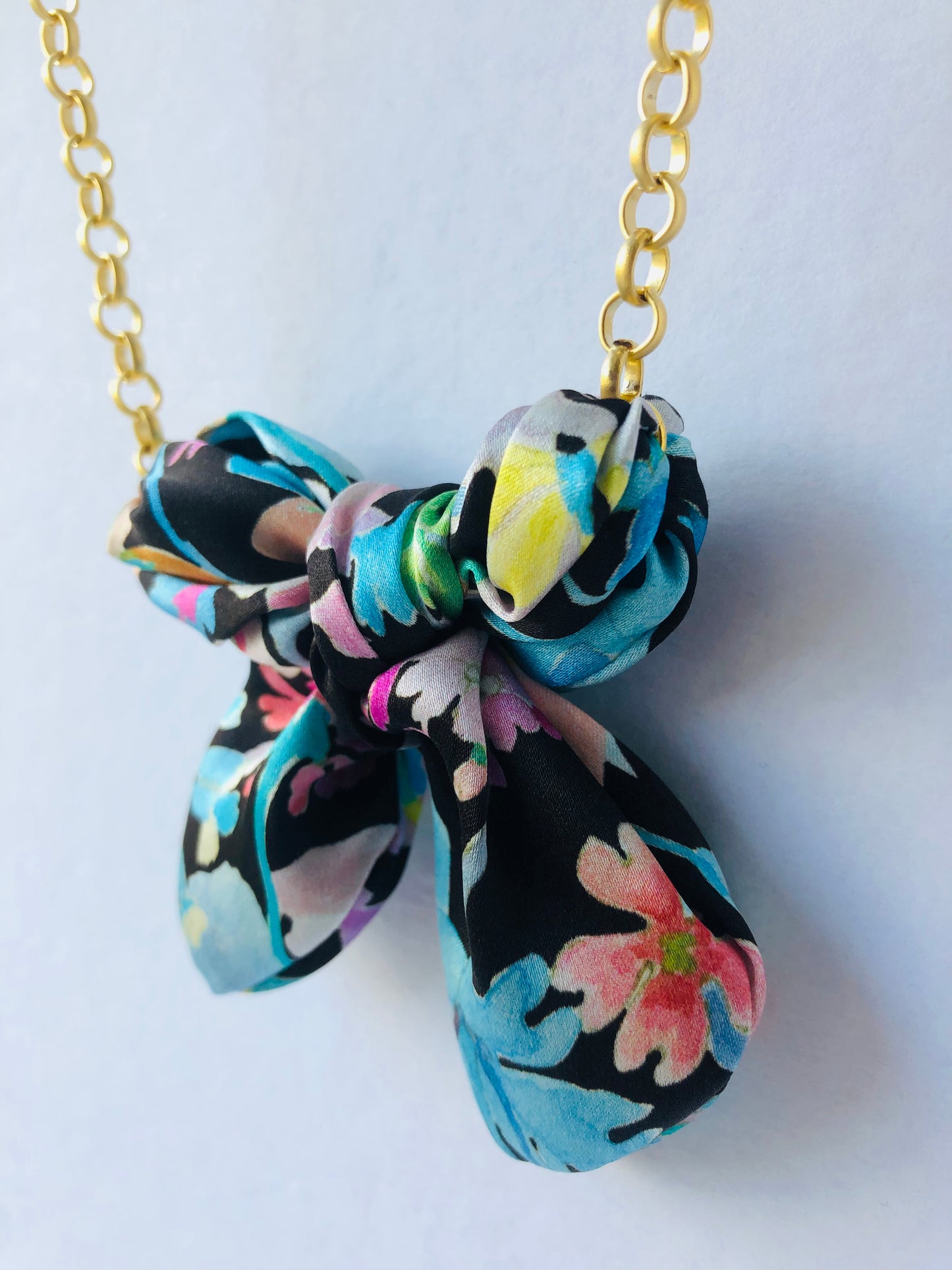 Bow Necklace | Silk Jewellery | Blue Floral Liberty Print
