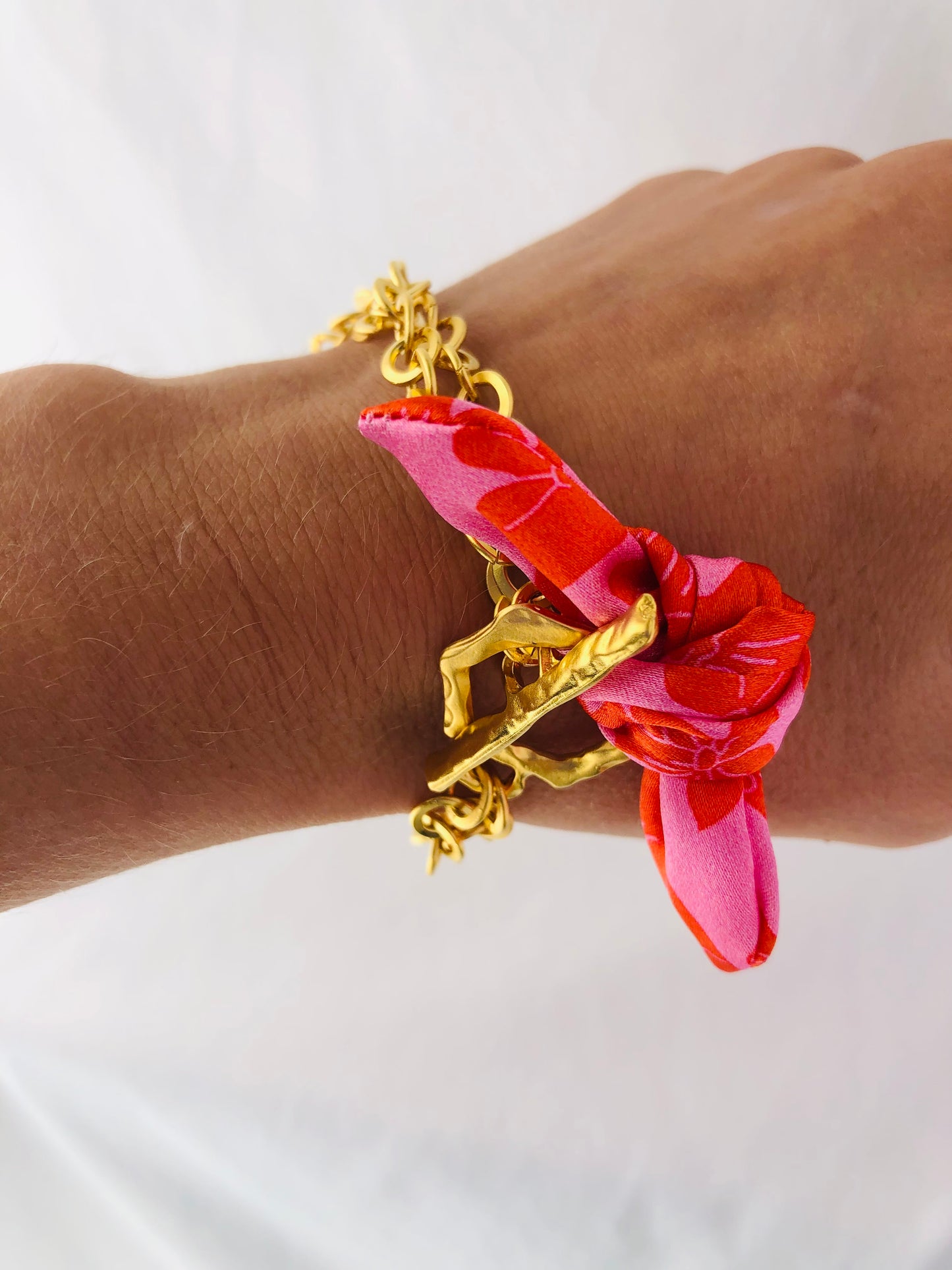 Gold Elegant Bracelet | Silk | Liberty Print Pink and Red