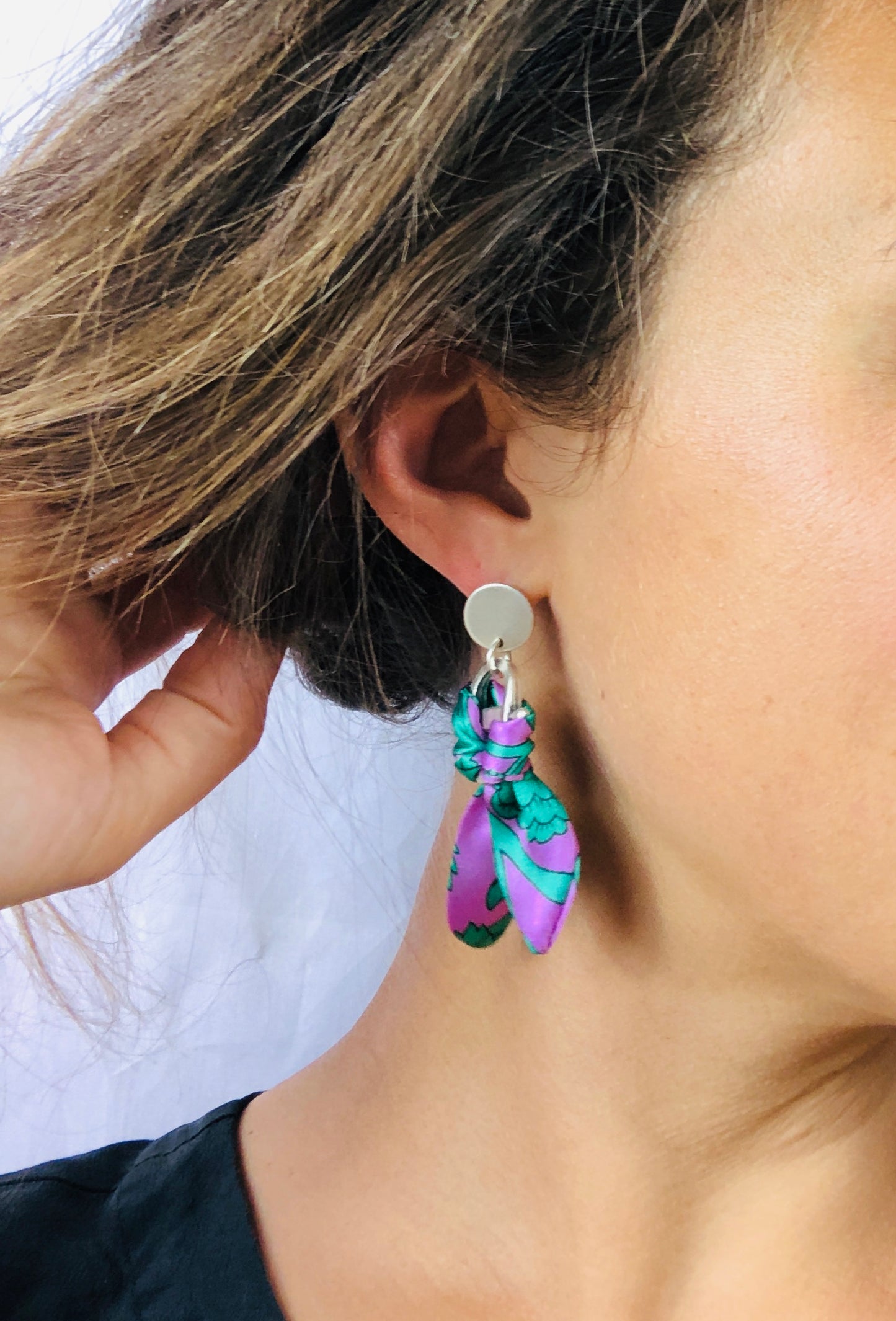 Silver Plated Charm Silk Earrings | Liberty Print | Purple Turquoise