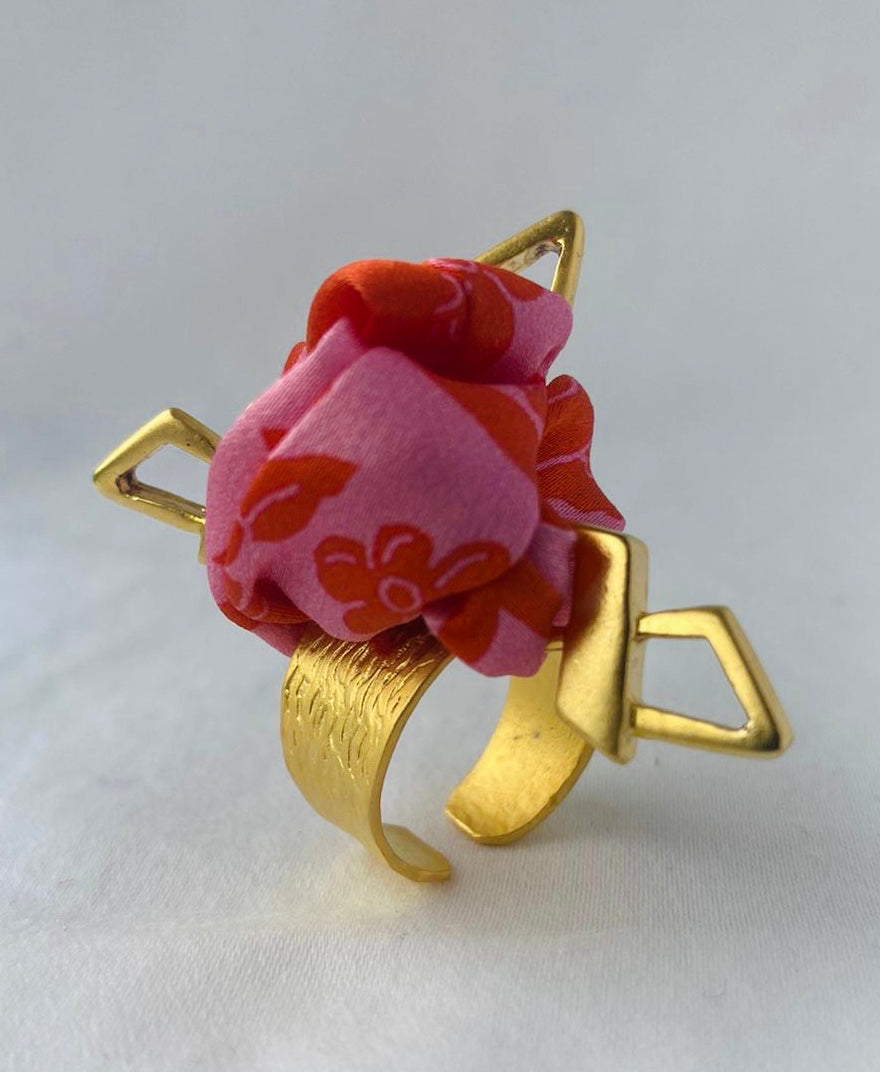 Gold Statement Ring | Liberty Print Jewellery | Silk | Pink and Red