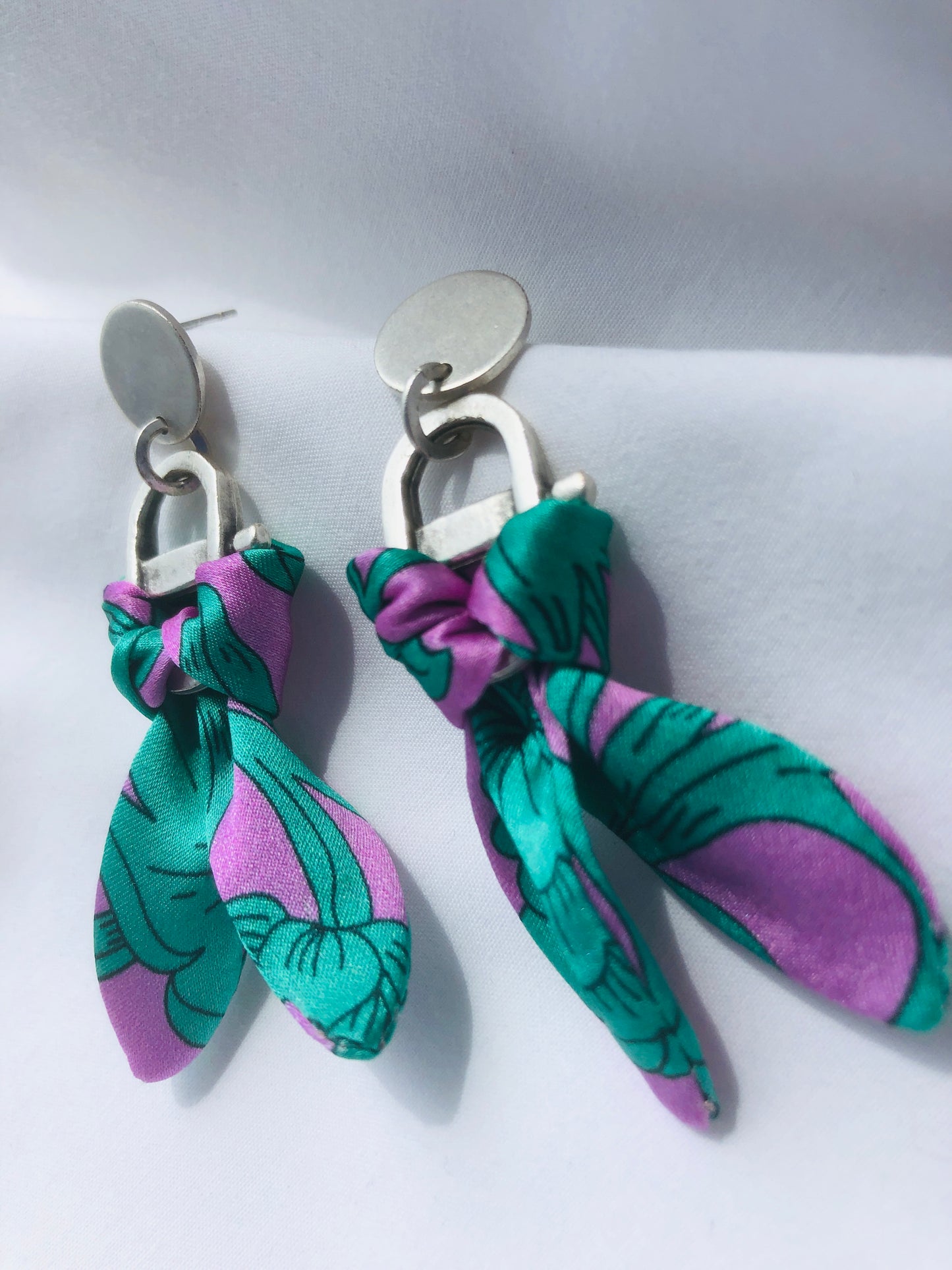 Silver Plated Charm Silk Earrings | Liberty Print | Purple Turquoise