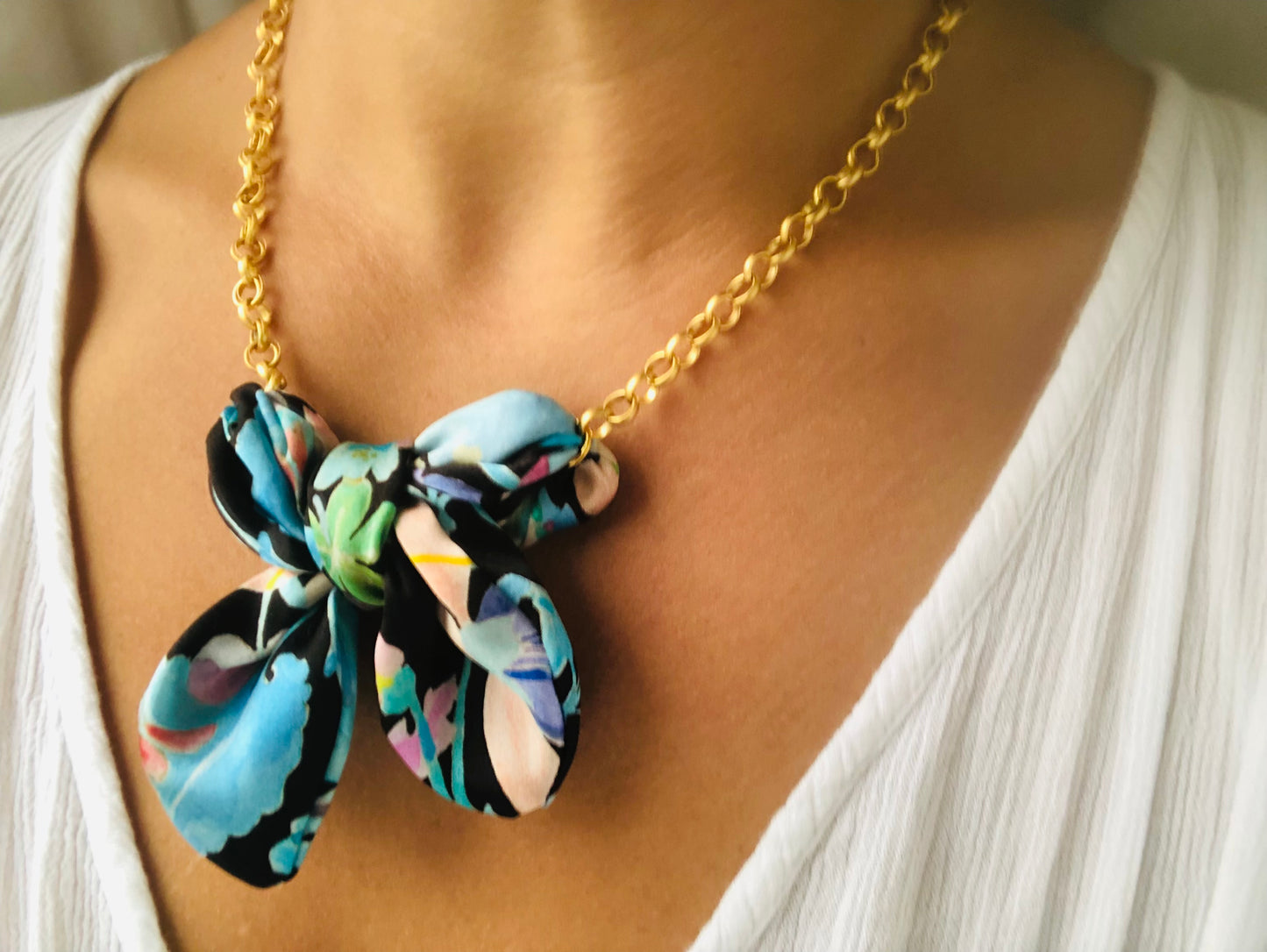 Bow Necklace | Silk Jewellery | Blue Floral Liberty Print