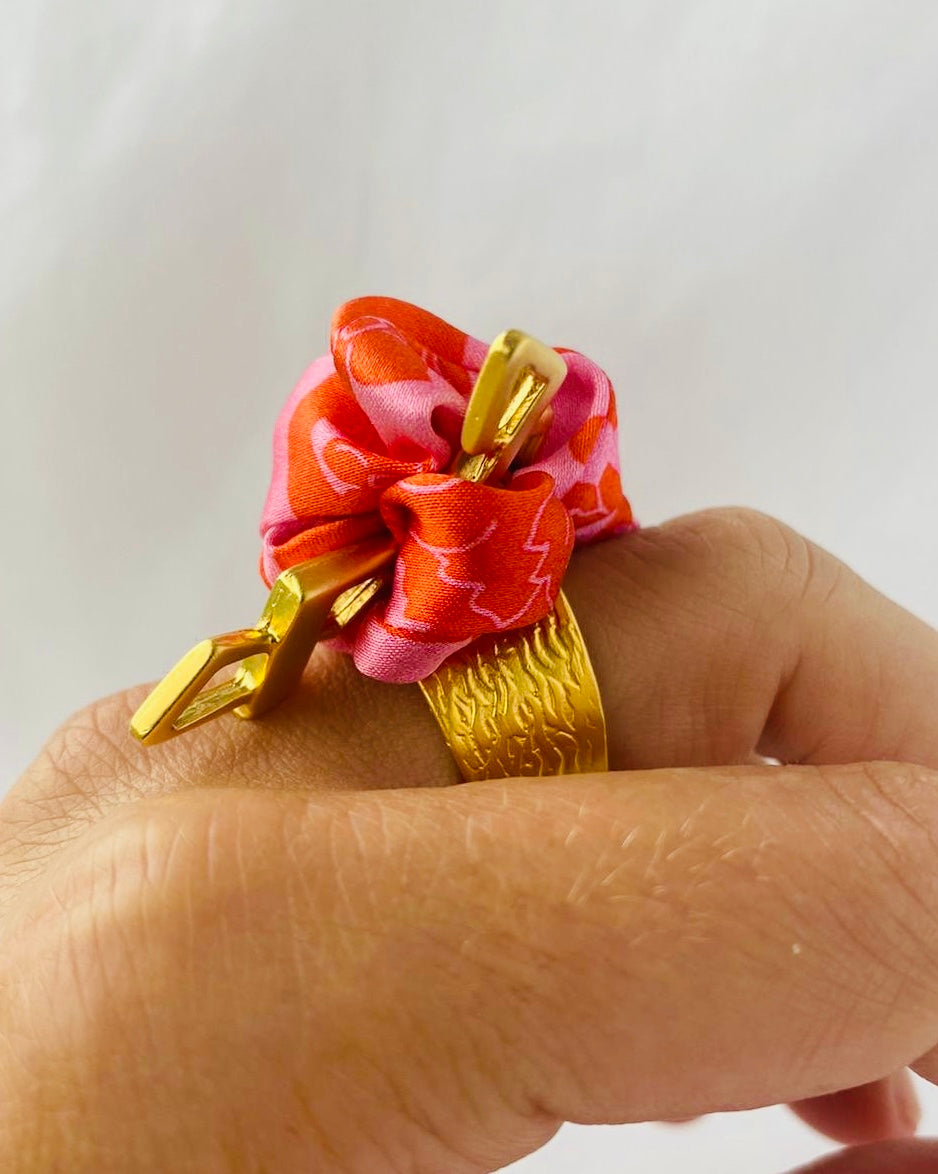 Gold Statement Ring | Liberty Print Jewellery | Silk | Pink and Red