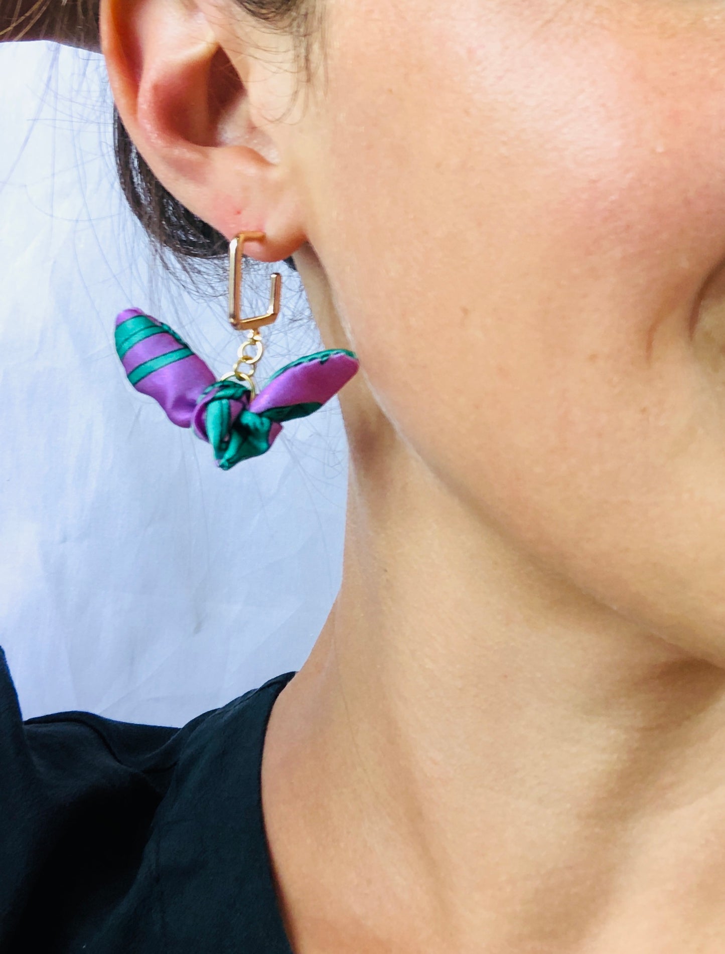 Square Hoop Silk Earrings | Liberty Print | Purple Turquoise