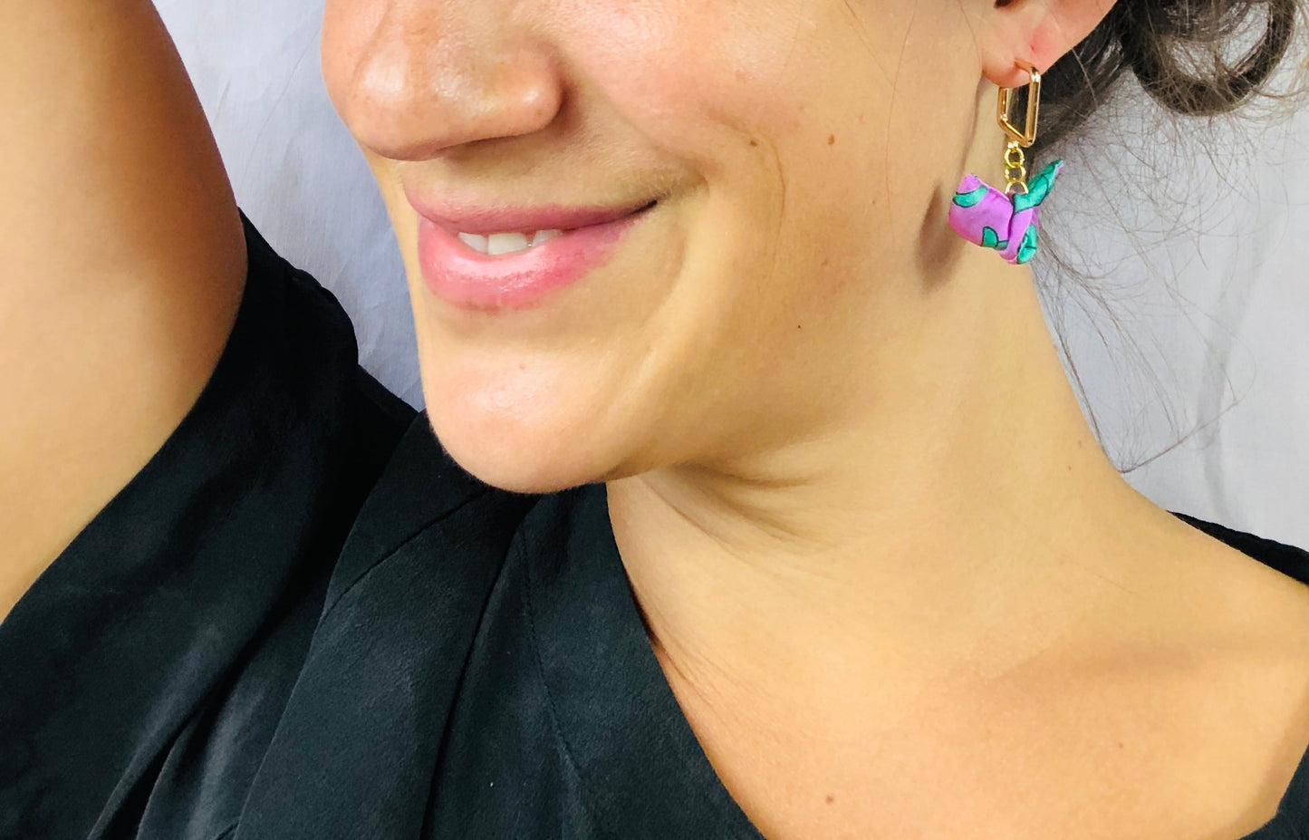 Square Hoop Silk Earrings | Liberty Print | Purple Turquoise
