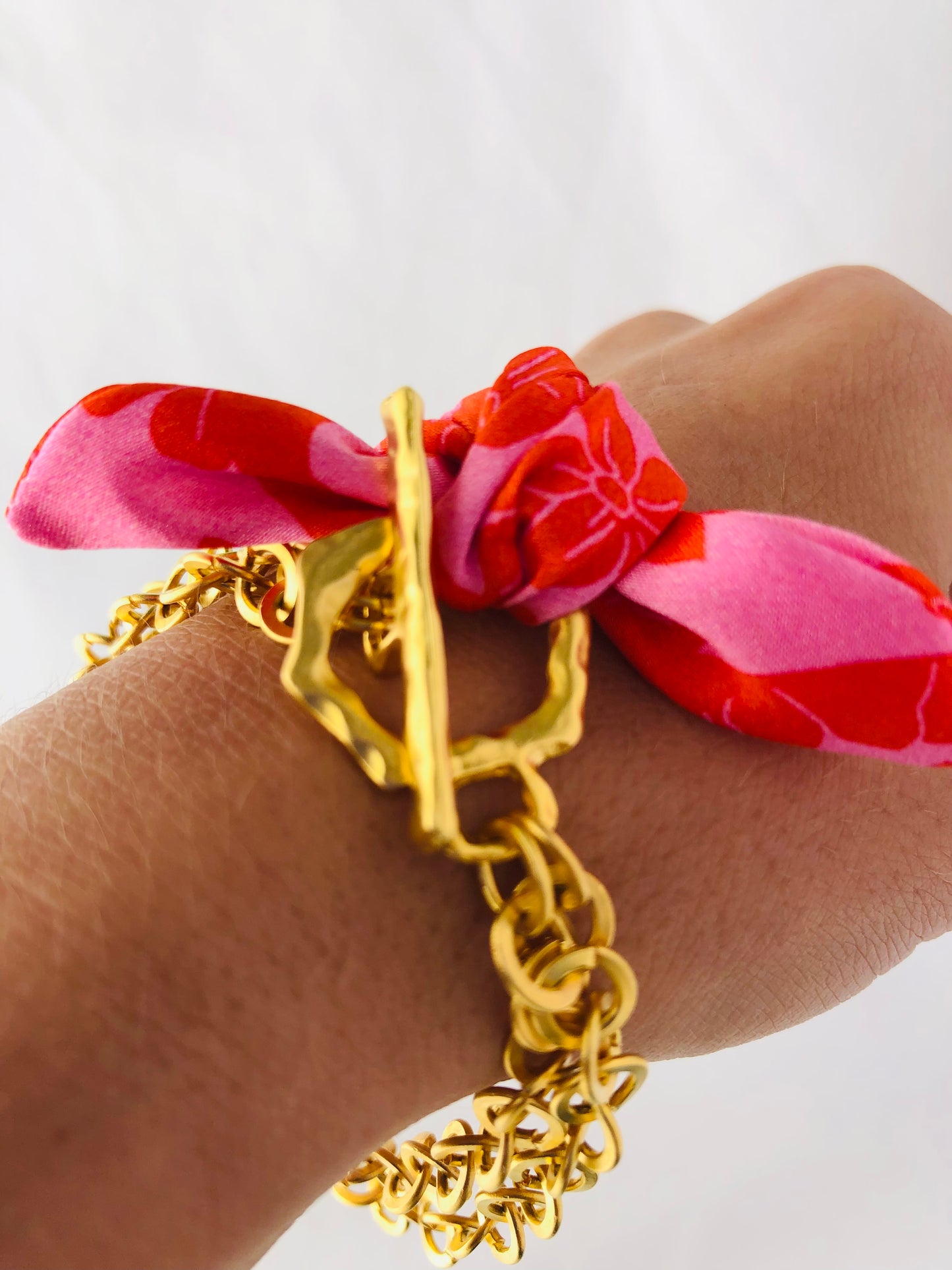 Gold Elegant Bracelet | Silk | Liberty Print Pink and Red