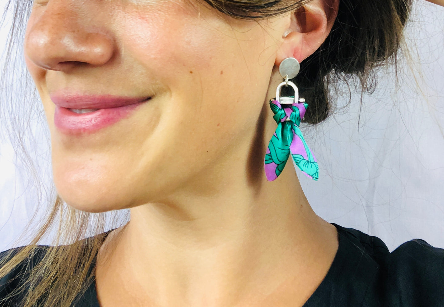 Silver Plated Charm Silk Earrings | Liberty Print | Purple Turquoise