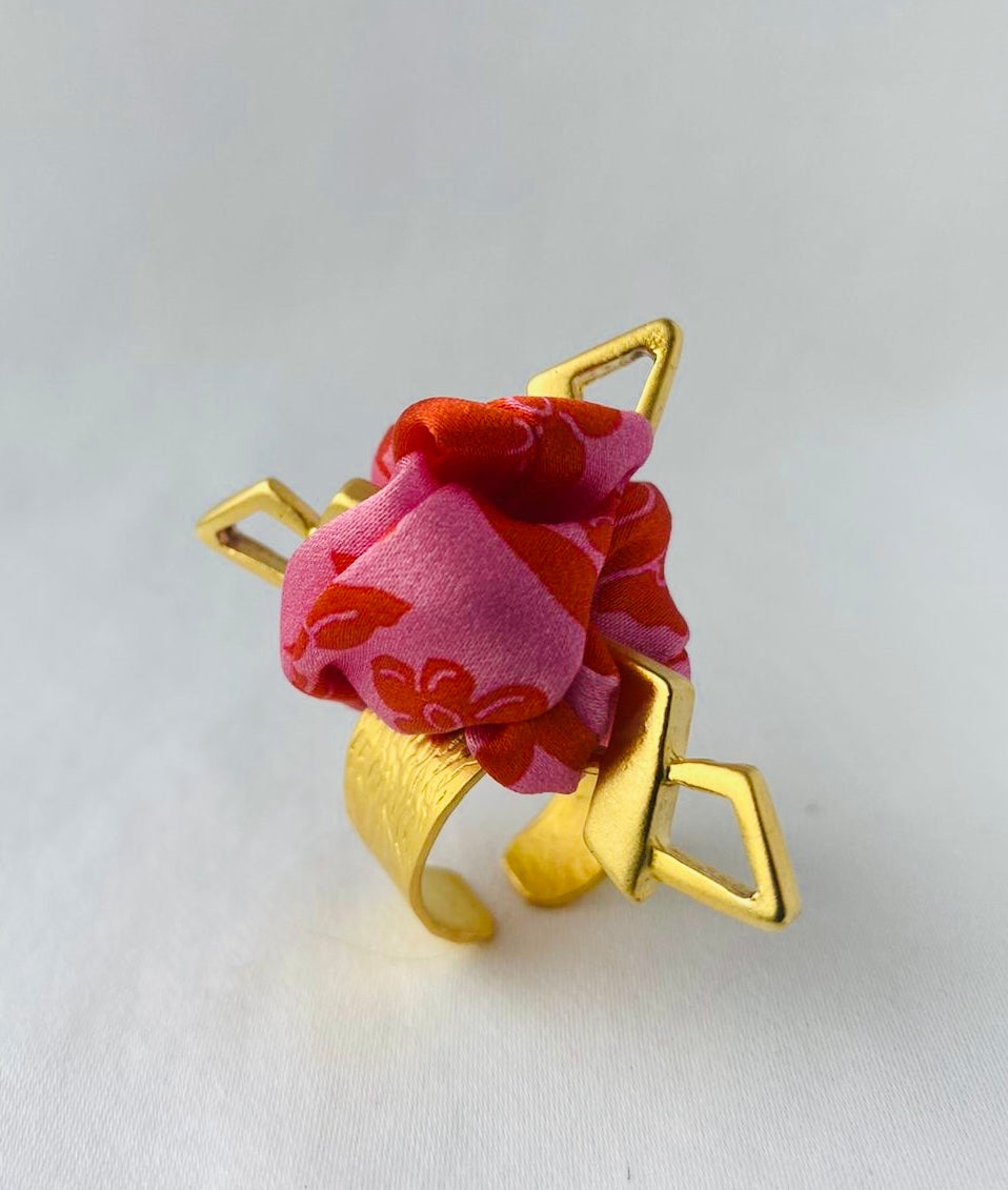 Gold Statement Ring | Liberty Print Jewellery | Silk | Pink and Red
