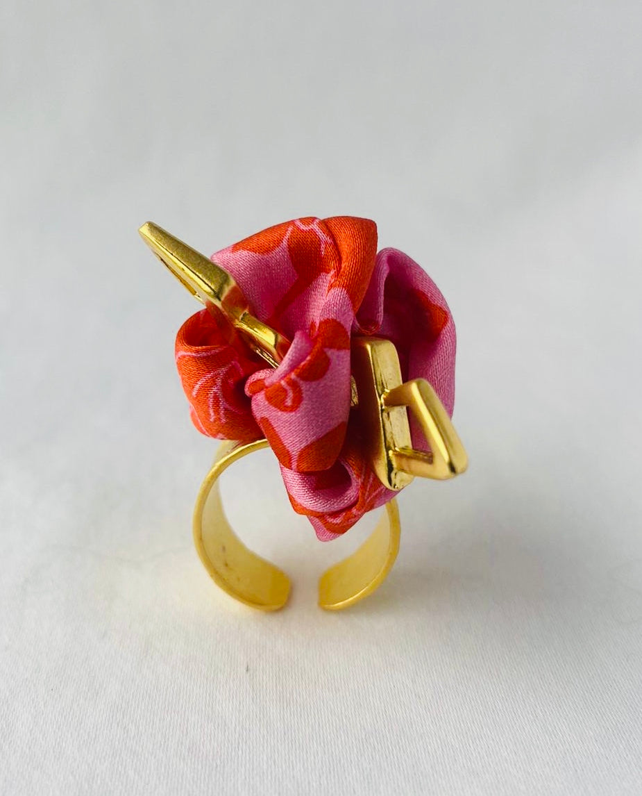 Gold Statement Ring | Liberty Print Jewellery | Silk | Pink and Red