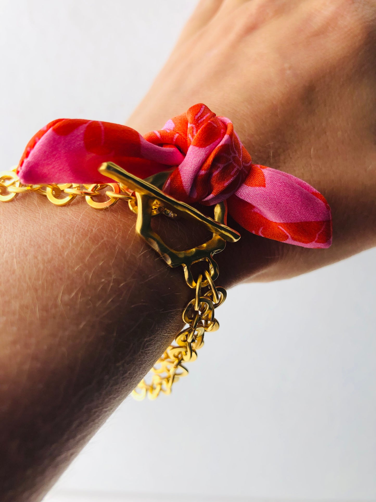 Gold Elegant Bracelet | Silk | Liberty Print Pink and Red