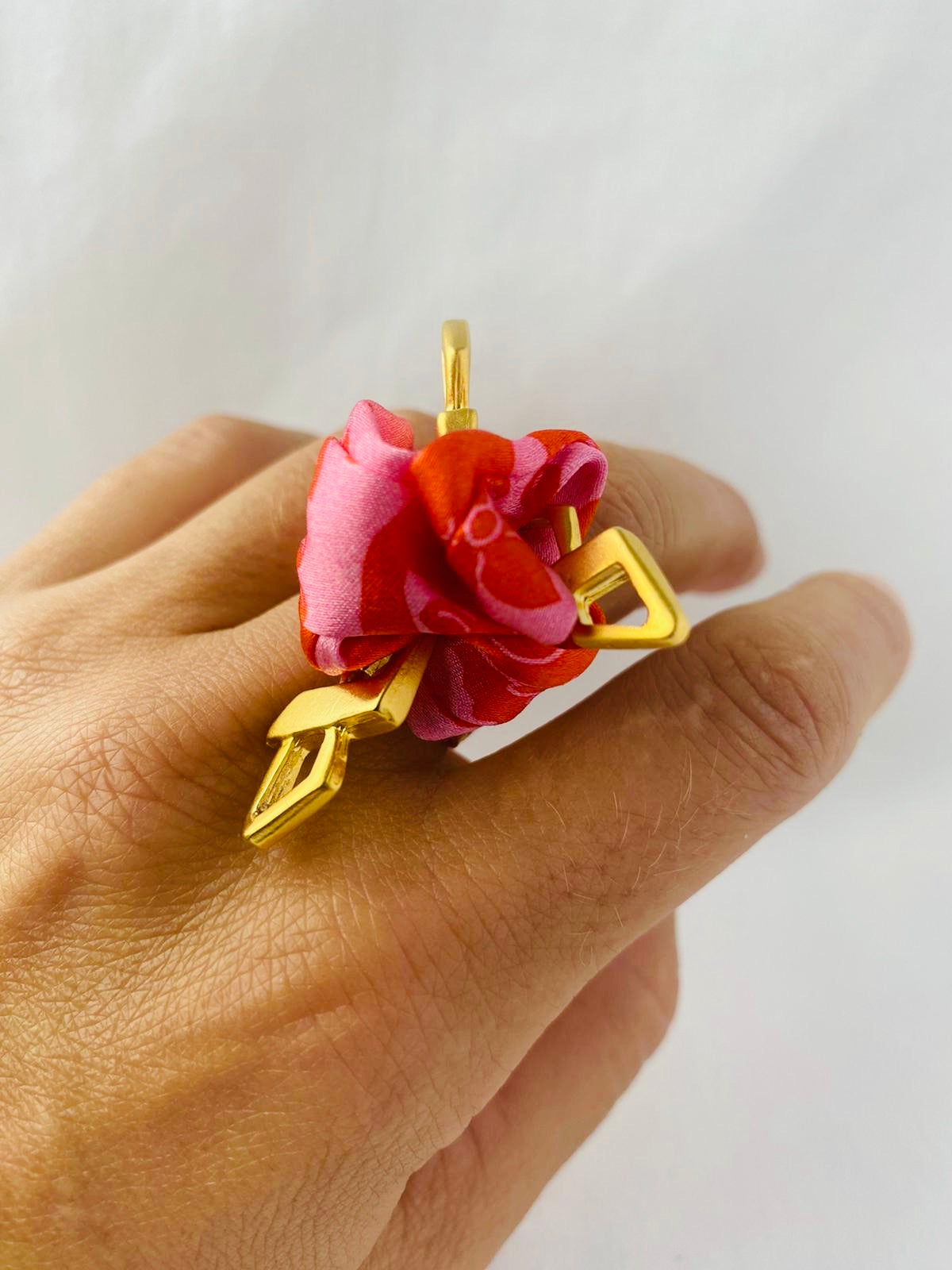Gold Statement Ring | Liberty Print Jewellery | Silk | Pink and Red