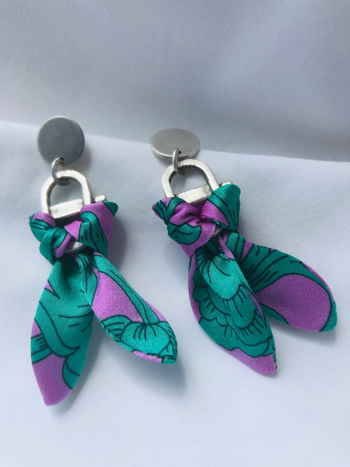 Silver Plated Charm Silk Earrings | Liberty Print | Purple Turquoise