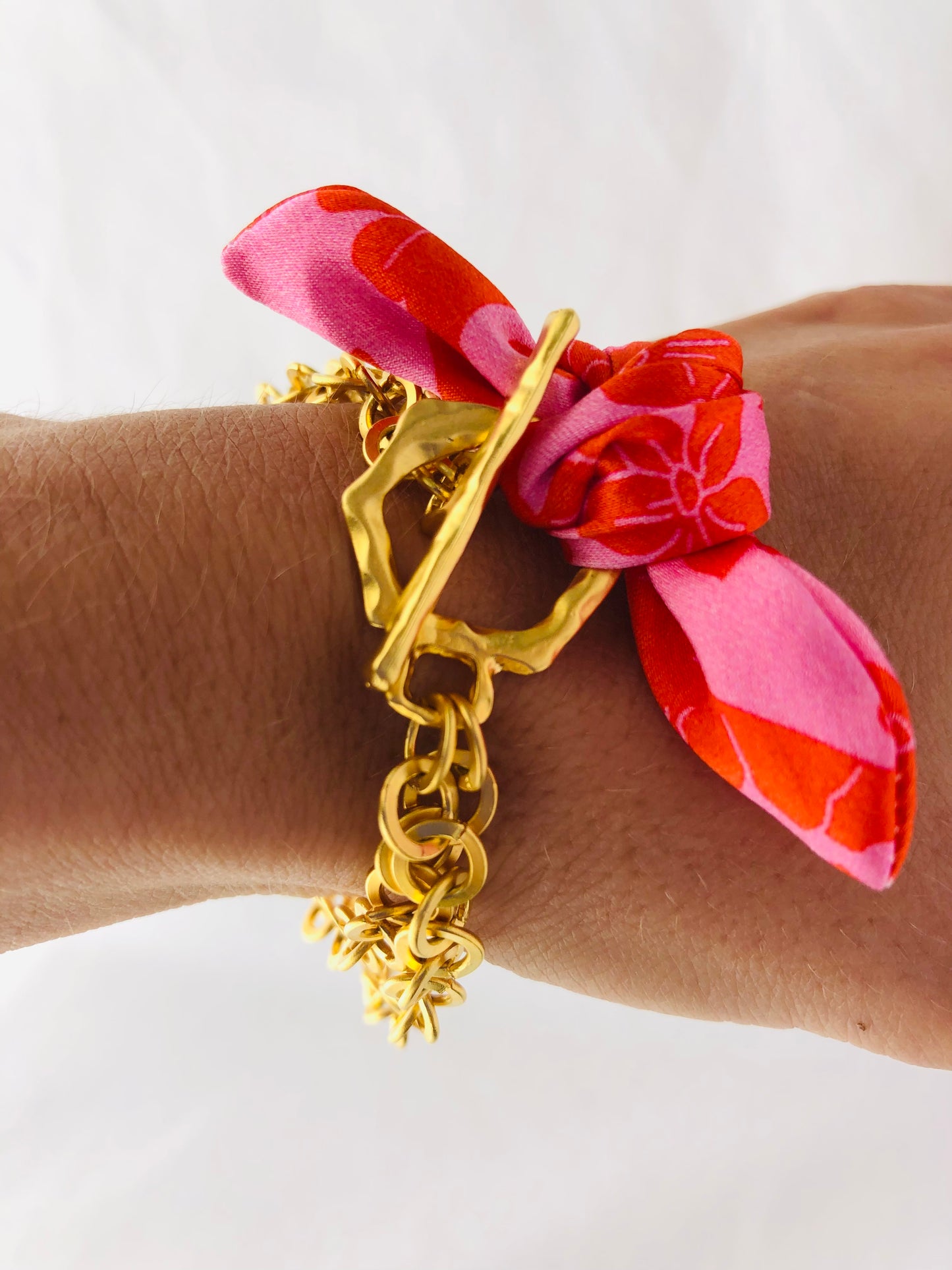Gold Elegant Bracelet | Silk | Liberty Print Pink and Red