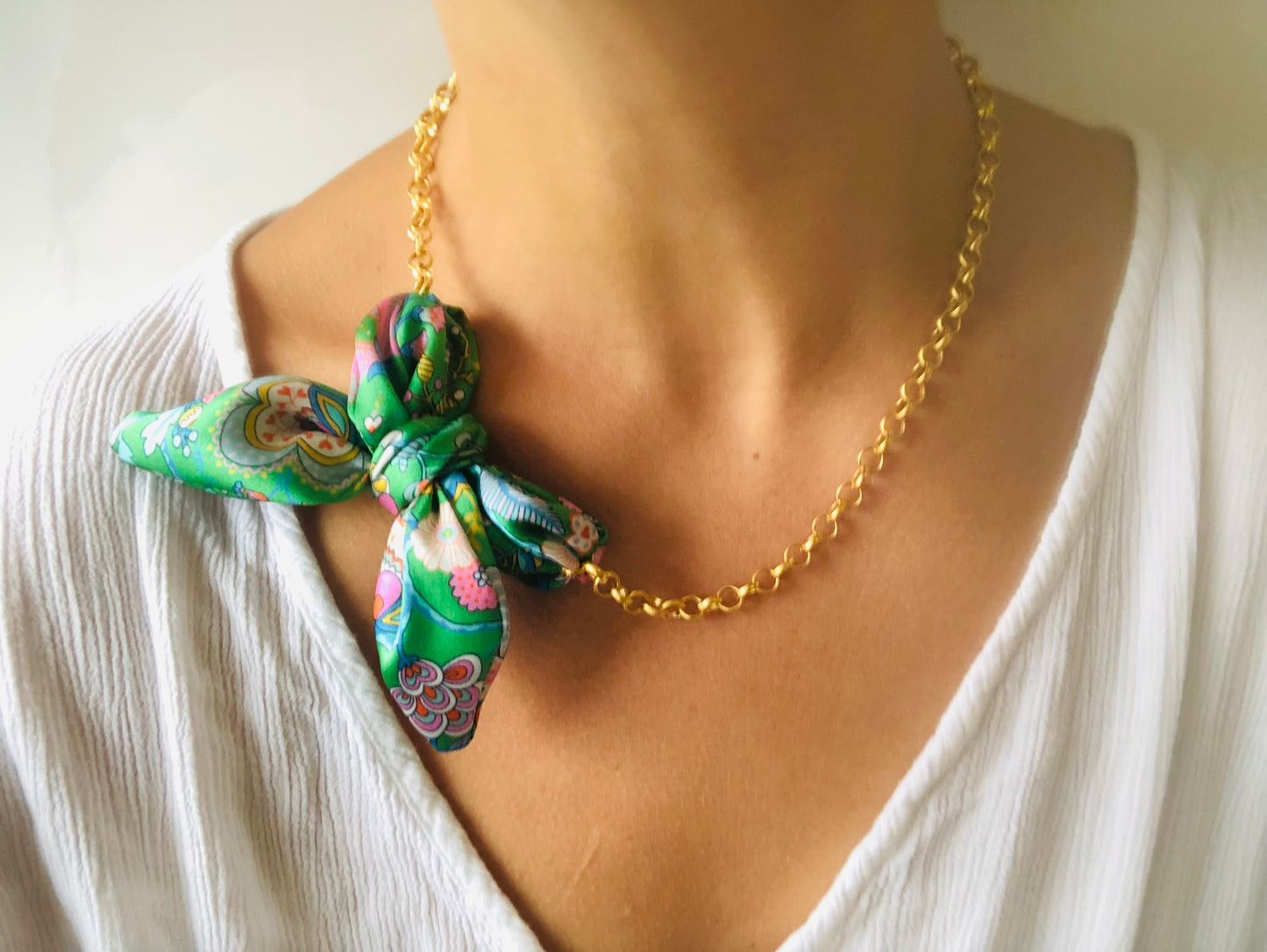 Bow Necklace | Bold Jewellery | Libert Print Silk | Green