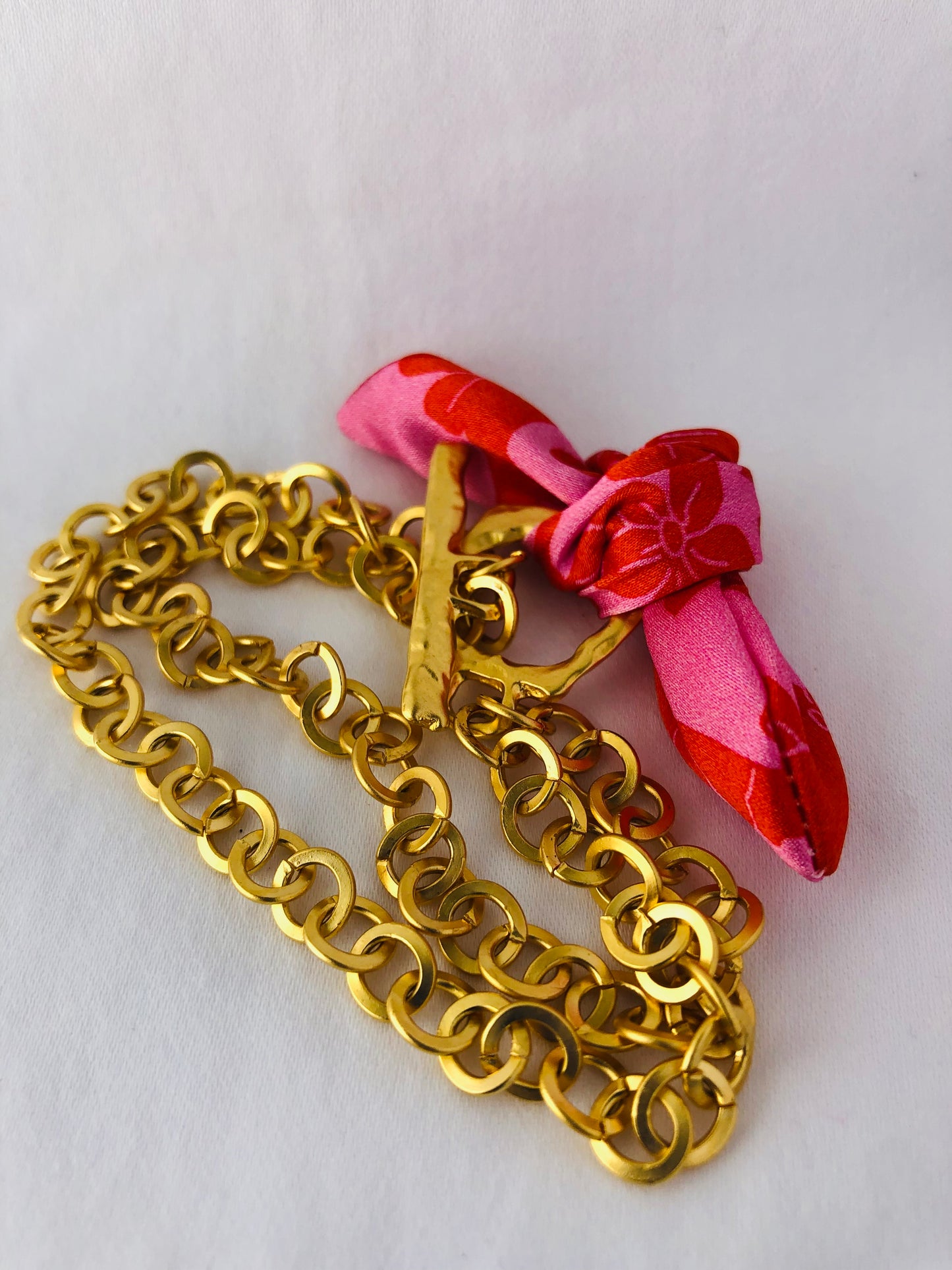 Gold Elegant Bracelet | Silk | Liberty Print Pink and Red