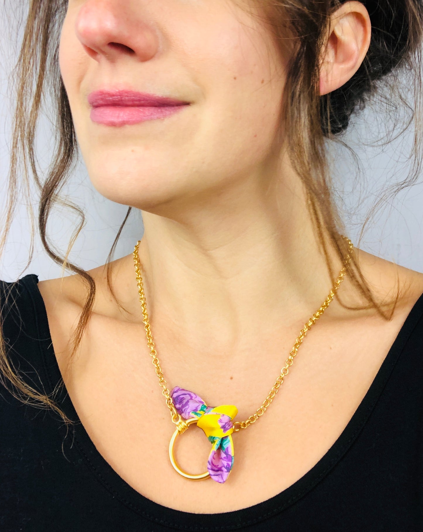 Circle Pendant Necklace Gold | Silk | Libert Print | Floral