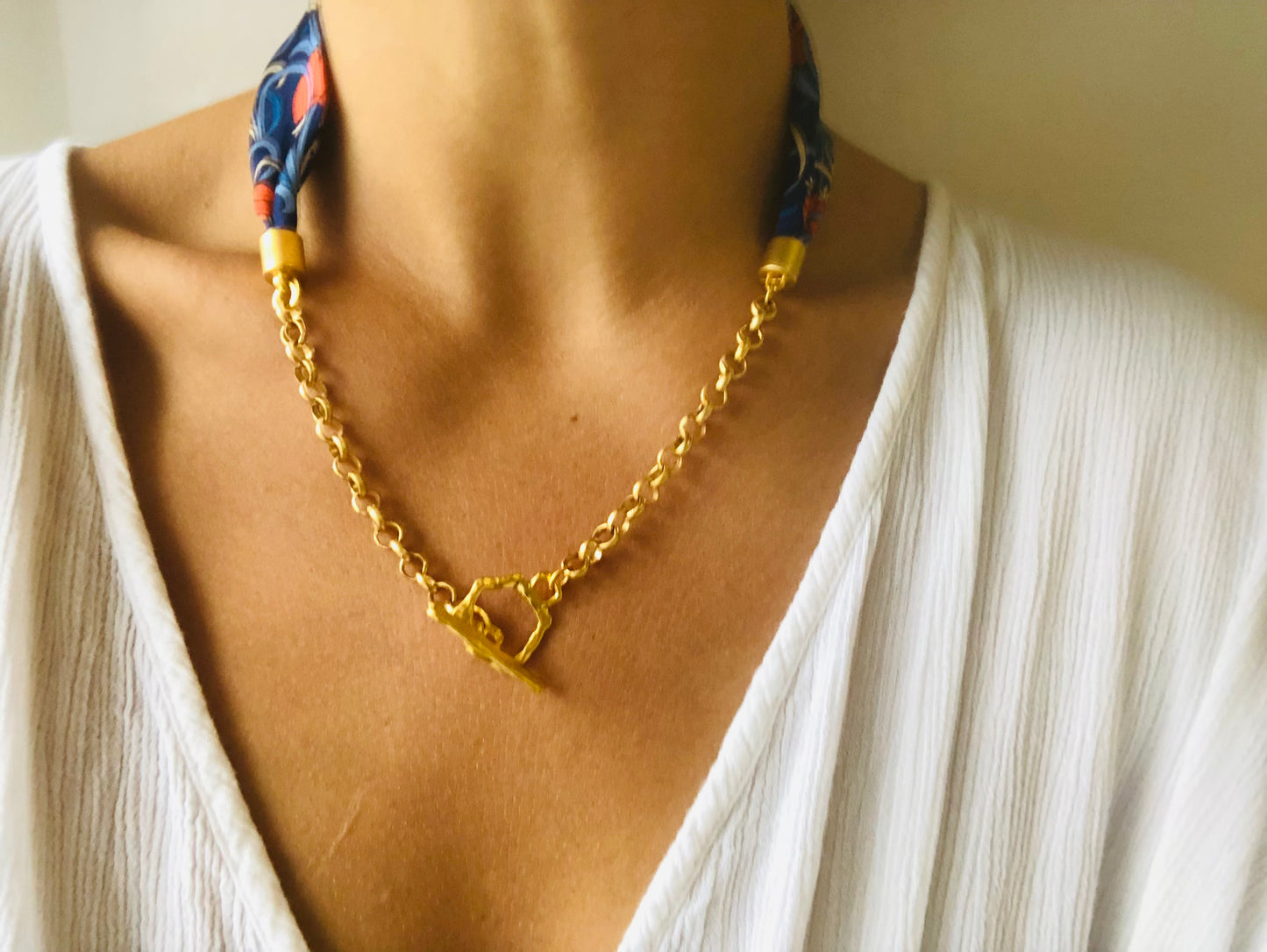 Silk Necklace | Elegant Jewellery | Blue and Orange Liberty Print