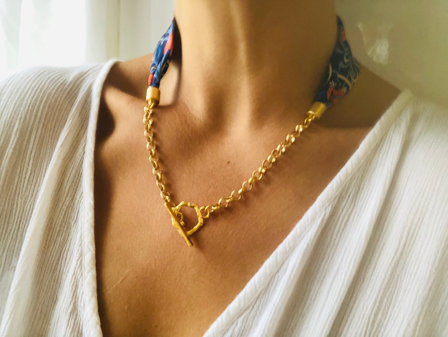 Silk Necklace | Elegant Jewellery | Blue and Orange Liberty Print