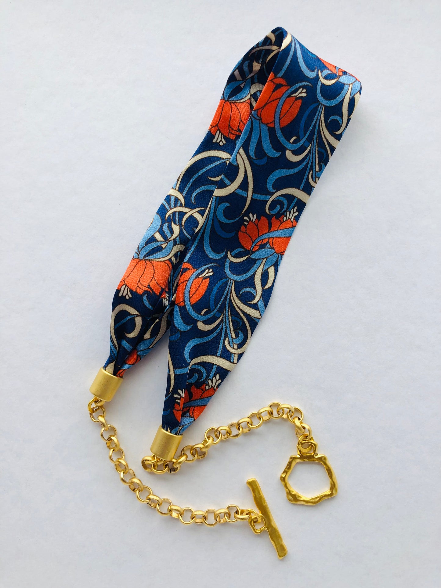 Silk Necklace | Elegant Jewellery | Blue and Orange Liberty Print