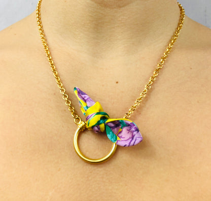 Circle Pendant Necklace Gold | Silk | Libert Print | Floral