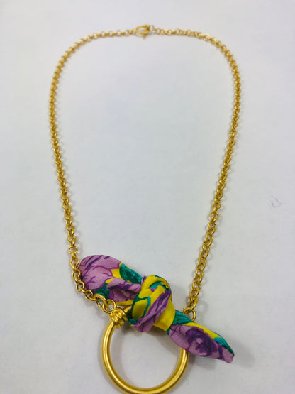 Circle Pendant Necklace Gold | Silk | Libert Print | Floral