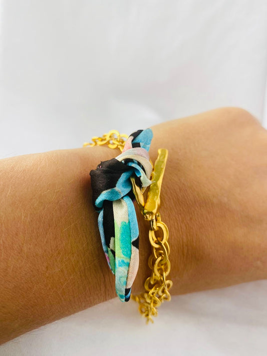 Gold Elegant Bracelet | Silk Jewellery | Floral Blue Liberty Print