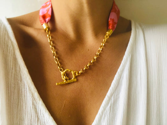 Statement Necklace | Silk Necklace | Liberty Print | Red and Pink