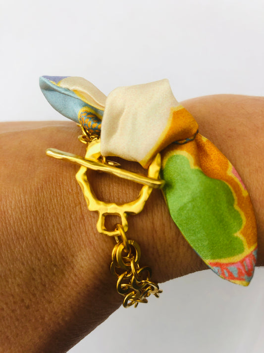 Gold Elegant Bracelet | Silk Jewellery | Floral Blue Liberty Print
