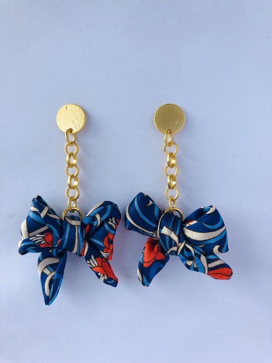 Bow Earrings | Silk Jewellery | Liberty Print | Orange and Blue