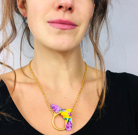 Circle Pendant Necklace Gold | Silk | Libert Print | Floral