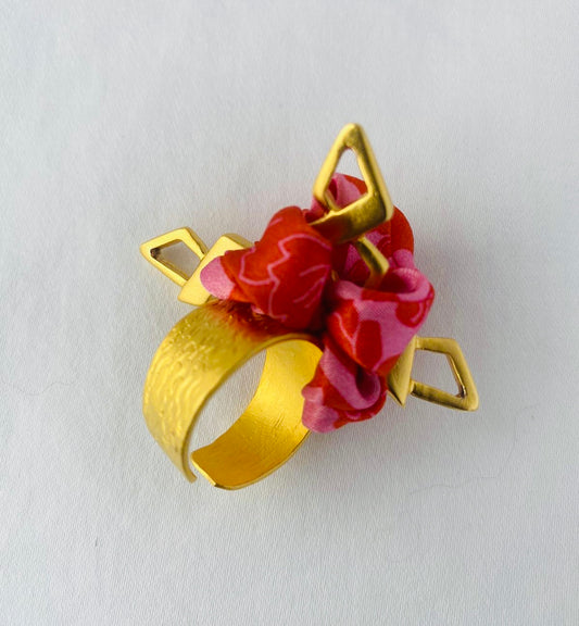 Gold Statement Ring | Liberty Print Jewellery | Silk | Pink and Red