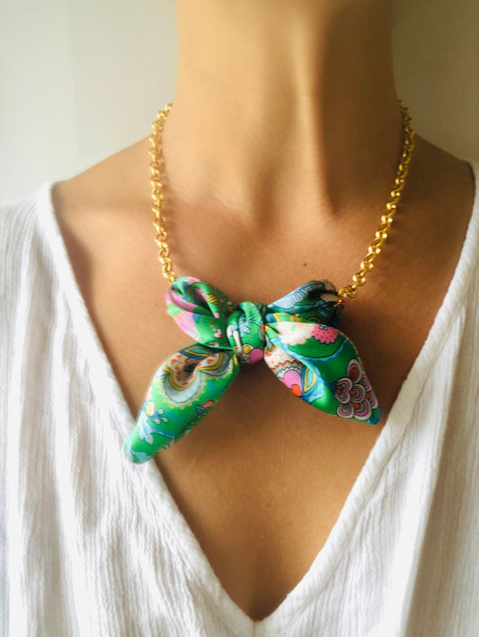 Bow Necklace | Bold Jewellery | Libert Print Silk | Green