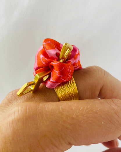 Gold Statement Ring | Liberty Print Jewellery | Silk | Pink and Red